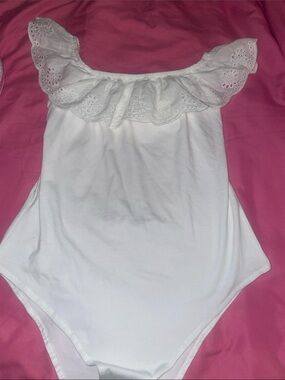 White Eyelet Ruffle Off-Shoulder Bodysuit - Women Intimates & Sleepwear